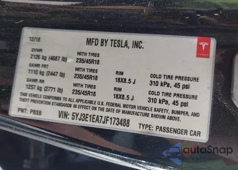 2018 Tesla Model 3 Long Range/Mid Range from USA, damaged, VIN 5YJ3E1EA7JF173488